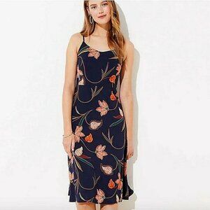 LOFT Smocked Back Strappy Midi Dress in Navy with Floral Print Size 6P